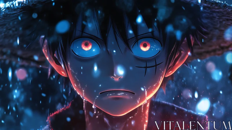 Rain-soaked anime portrait renders luminous red-eyed character