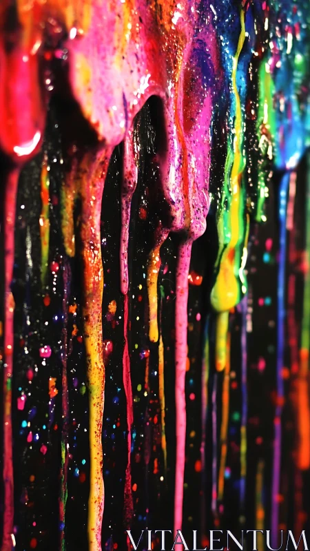 Neon paint drips cascade over dark canvas in vivid motion.