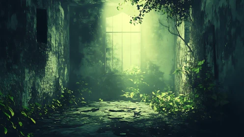Soft green light pours into an abandoned overgrown hall