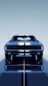 Bold blue muscle car stands poised with racing stripe flair