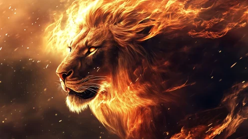 Digital painting of a lion forged from blazing fire arcs.