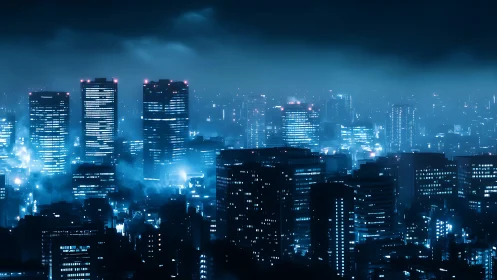 Neon fog drapes a midnight metropolis in icy blue light.
