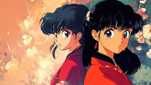 Anime twins stand back to back amid soft floral glow.