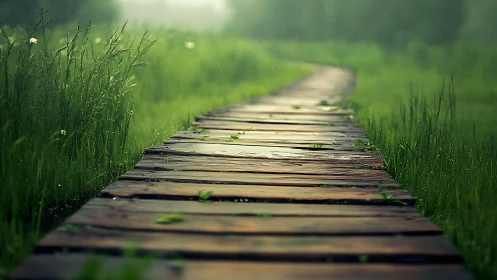 Wet wooden path through lush green meadow in soft rain.