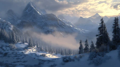 Soft winter sunrise warms a peaceful snowy mountain valley
