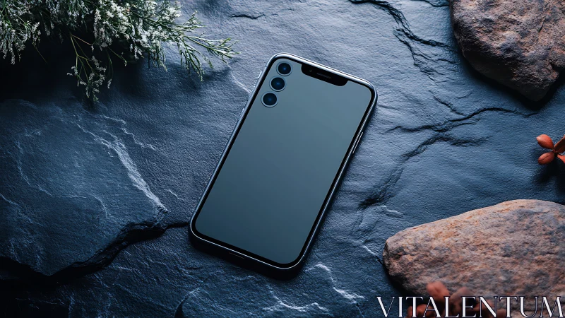 Smartphone positioned on slate surface with natural rock formations and botanicals