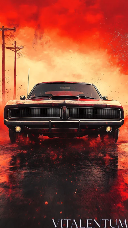 Muscle car front view on wet road under blazing red sky.