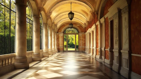 Neoclassical garden arcade with luminous perspective rendering.