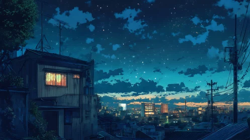 Urban hillside at dusk with illuminated window and skyline.