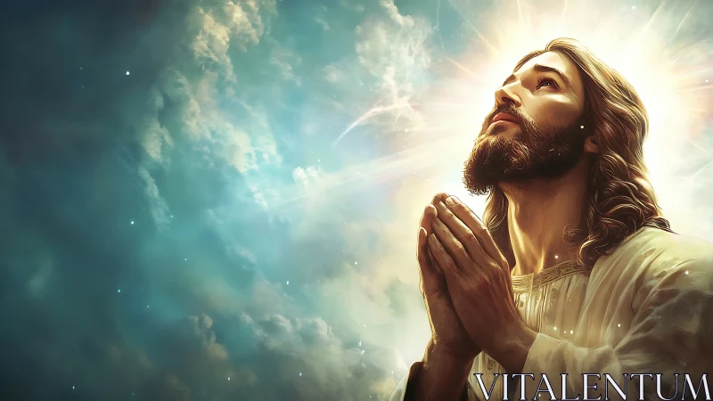 Radiant prayerful figure beneath luminous heavenly sky.
