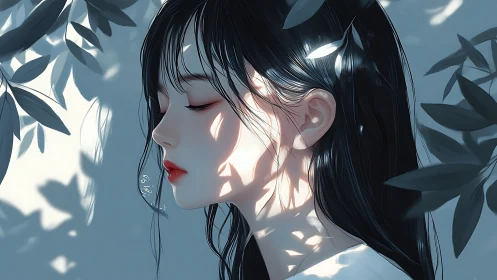 Calm side profile of girl in soft leaf shadows.