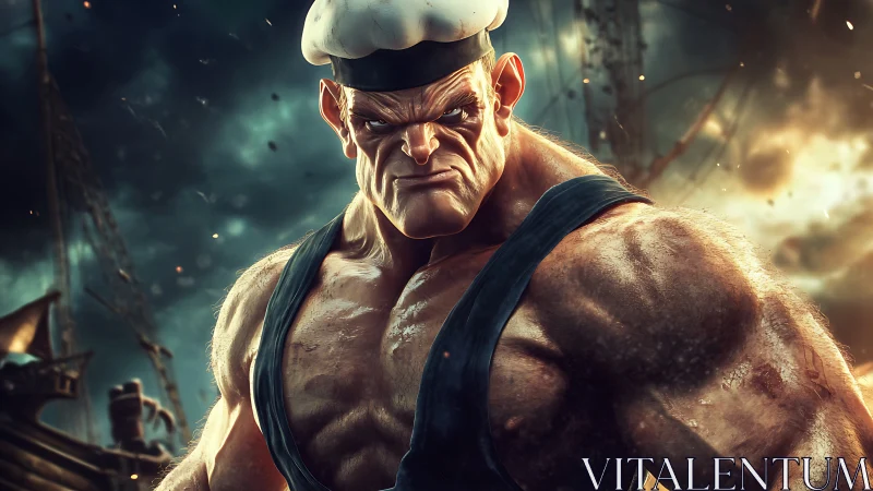 Muscular sailor character in dramatic stormy seascape scene.