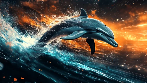 Dynamic digital painting of dolphin in explosive seascape.
