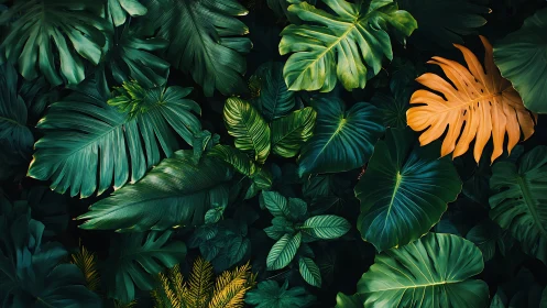 Emerald jungle leaves with one golden rebel in the canopy.