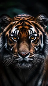 Symmetrical tiger portrait under low-key contrast lighting reveals precision