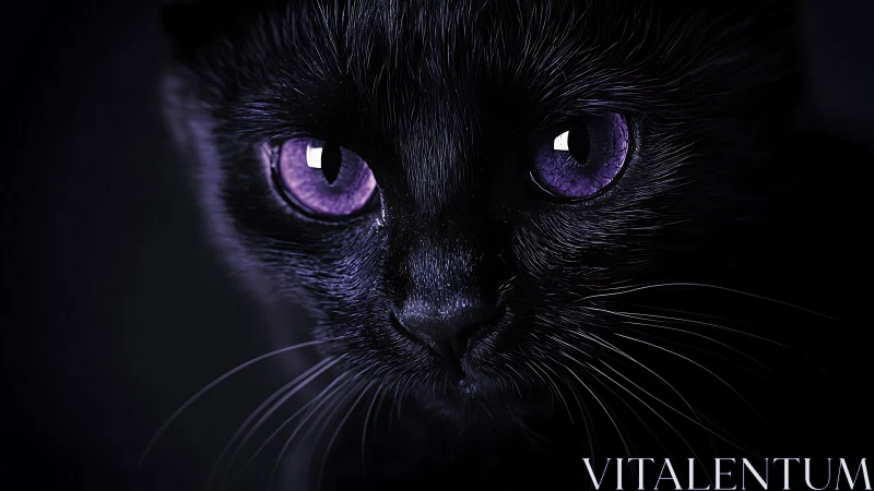 Black cat face with glowing purple eyes in darkness.