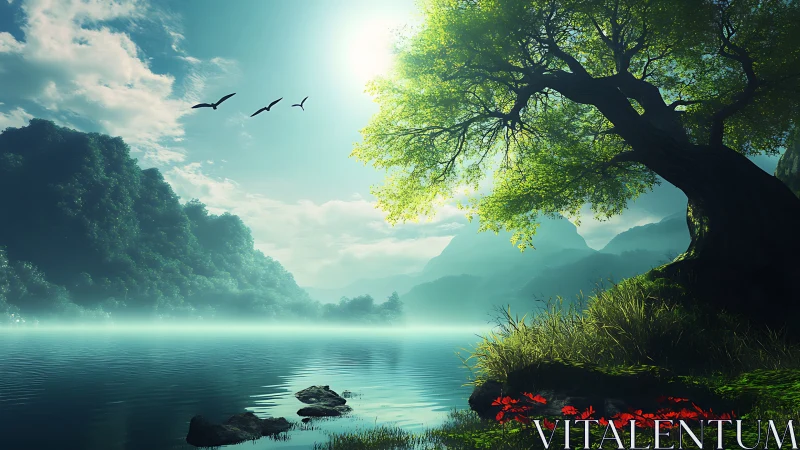 Backlit lakeside tree over misty mountains and tranquil water.