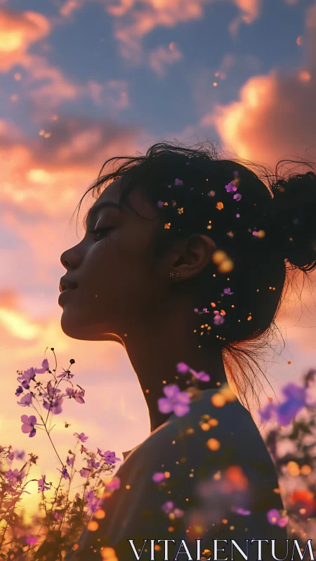 Golden hour silhouette amid glowing flower petals dreamscape.