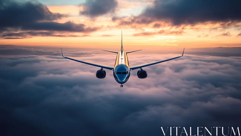 Passenger jet flying above clouds at vivid sunset sky.