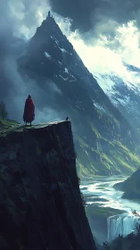 Cloaked figure on cliff facing distant mountain fortress.