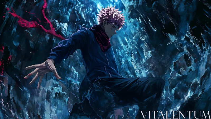 Stormlit anime warrior dives through shattering blue void.