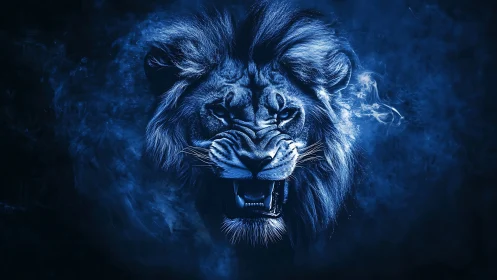 Midnight storm-lion roars from swirling electric blue smoke