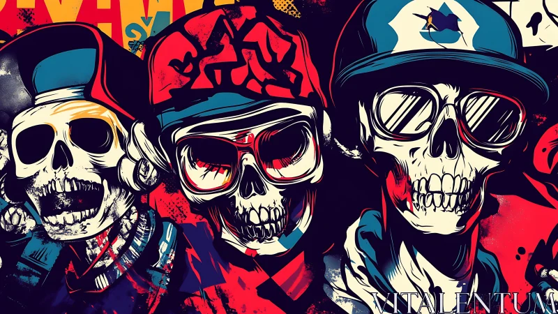 Neon graffiti skull trio with streetwear caps and bold outlines.