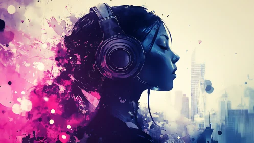 Profiled female listener with headphones in neon cityscape