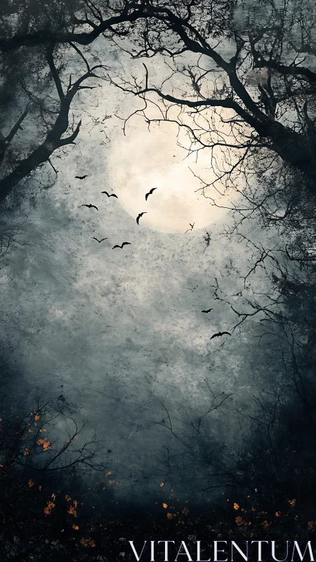 Lunar backlit thicket with circling bats and ember foliage.