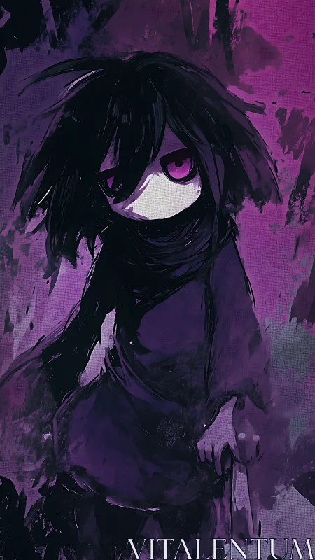 Dark-clad anime figure in purple abstract painted field.