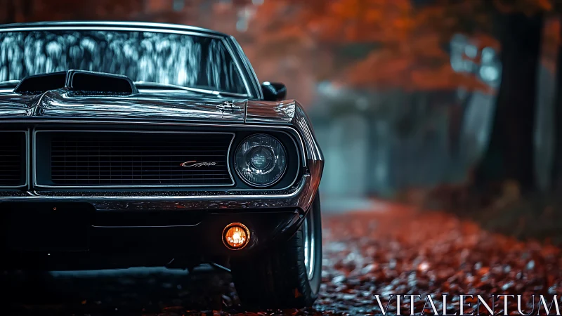 Moody photoreal muscle car close-up in autumn forest symmetry.