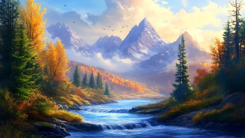 Autumn river valley beneath snowcapped alpine peaks at sunrise.