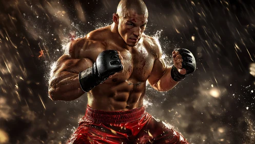 MMA Fighter in Combat Ready Stance with Dramatic Lighting.