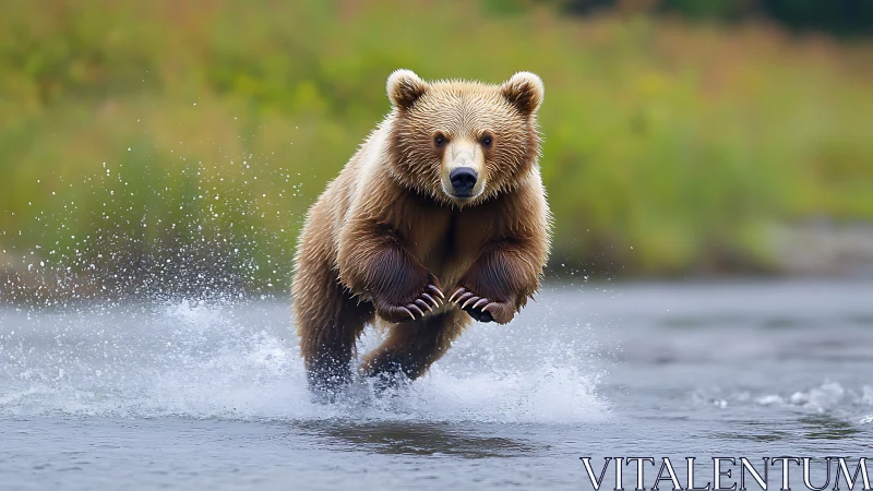 Playful brown bear dashes through a sparkling river shallows