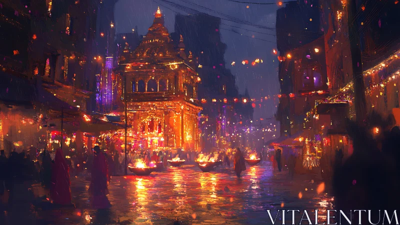 Temple festival night market under glowing lantern rain.