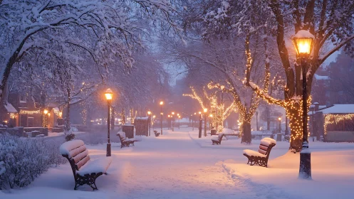 Snow-laden city park glowing with warm lamplight at dusk.