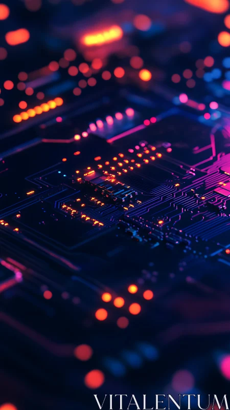 Neon circuit board glows with vivid bokeh and depth
