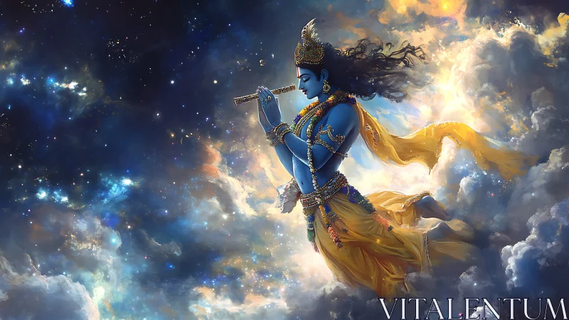 Blue divine figure playing flute amid glowing cosmic clouds.