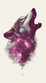 Howling wolf silhouette merged with glowing purple galaxy.