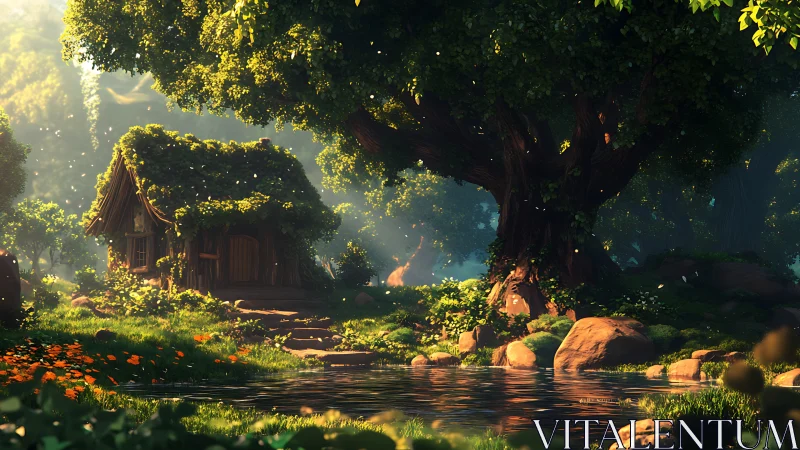 Enchanted forest cottage shelters by a tranquil woodland pond.