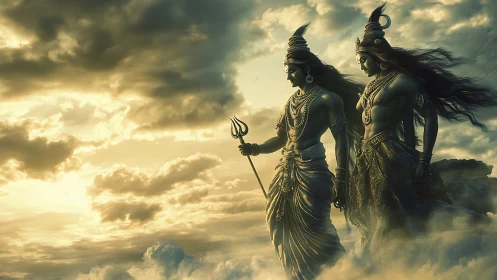 Divine warrior deities stride through luminous storm clouds