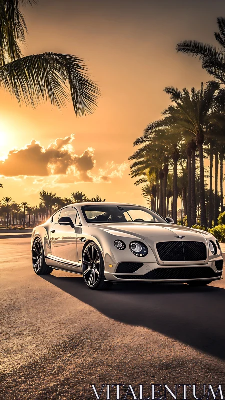 Sunlit luxury coupe under palm-lined boulevard dusk.