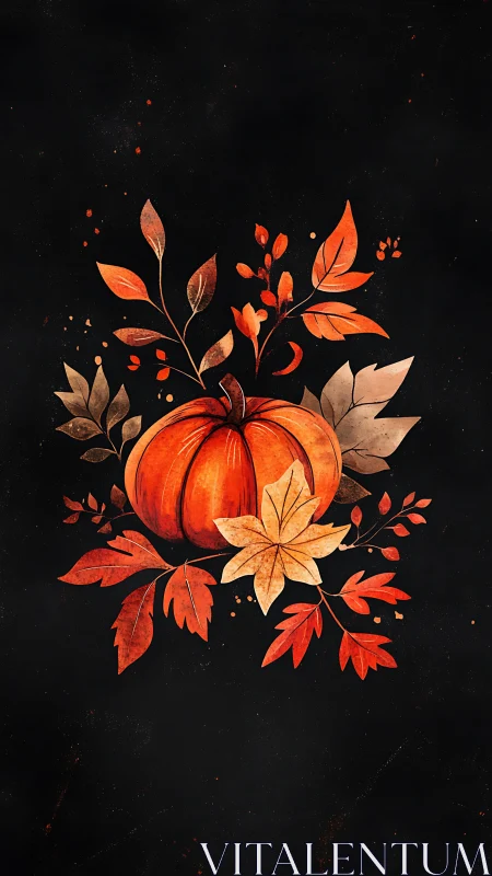 Autumn pumpkin illustration glows against deep black background