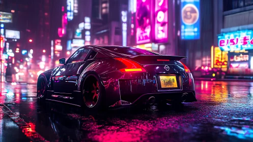 Neon drenched street racer idling in a rainy city night.