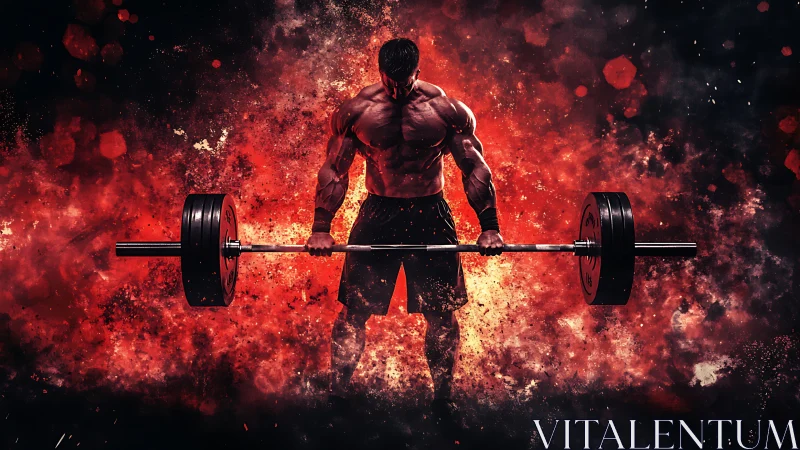 Bodybuilder executes heavy deadlift amid high-contrast fiery backdrop