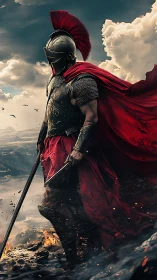 Armored Spartan warrior stands defiant on a burning ridge