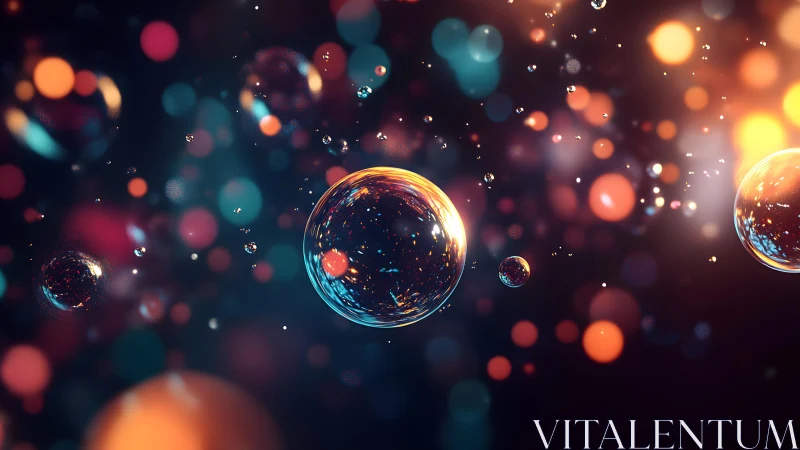 Floating Soap Bubbles with Colorful Bokeh Lights, Digital Art.