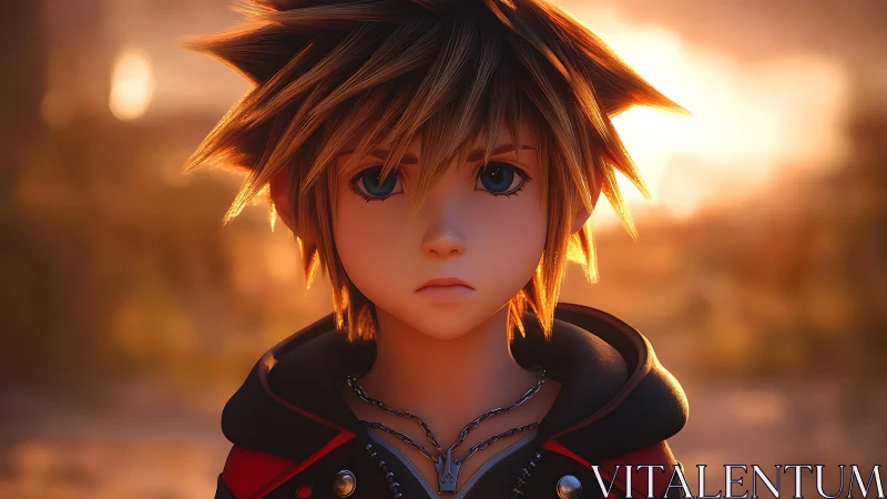 Anime youth portrait with sunset backlight and shallow depth of field.