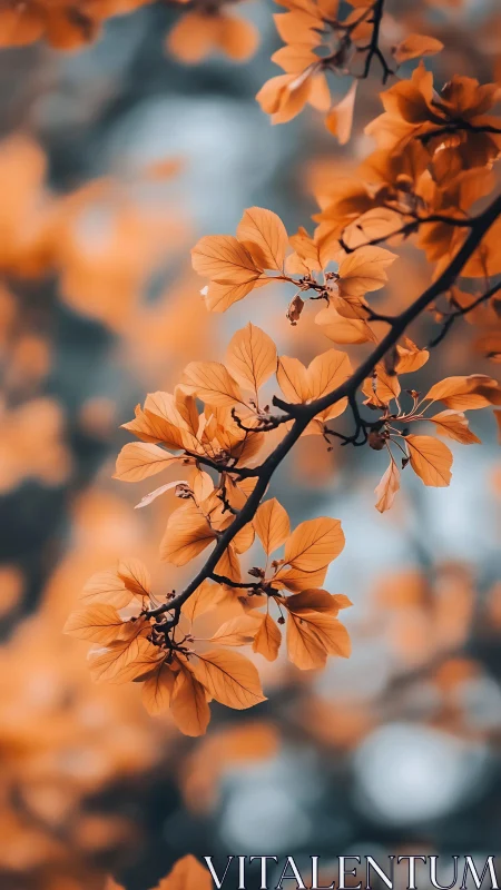 Autumn foliage with backlit branch and blurred bokeh background.