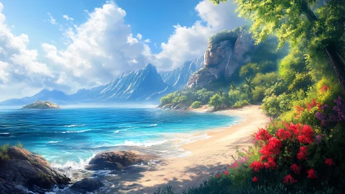 Tropical Coastal Paradise with Verdant Foreground and Dramatic Mountain Backdrop.